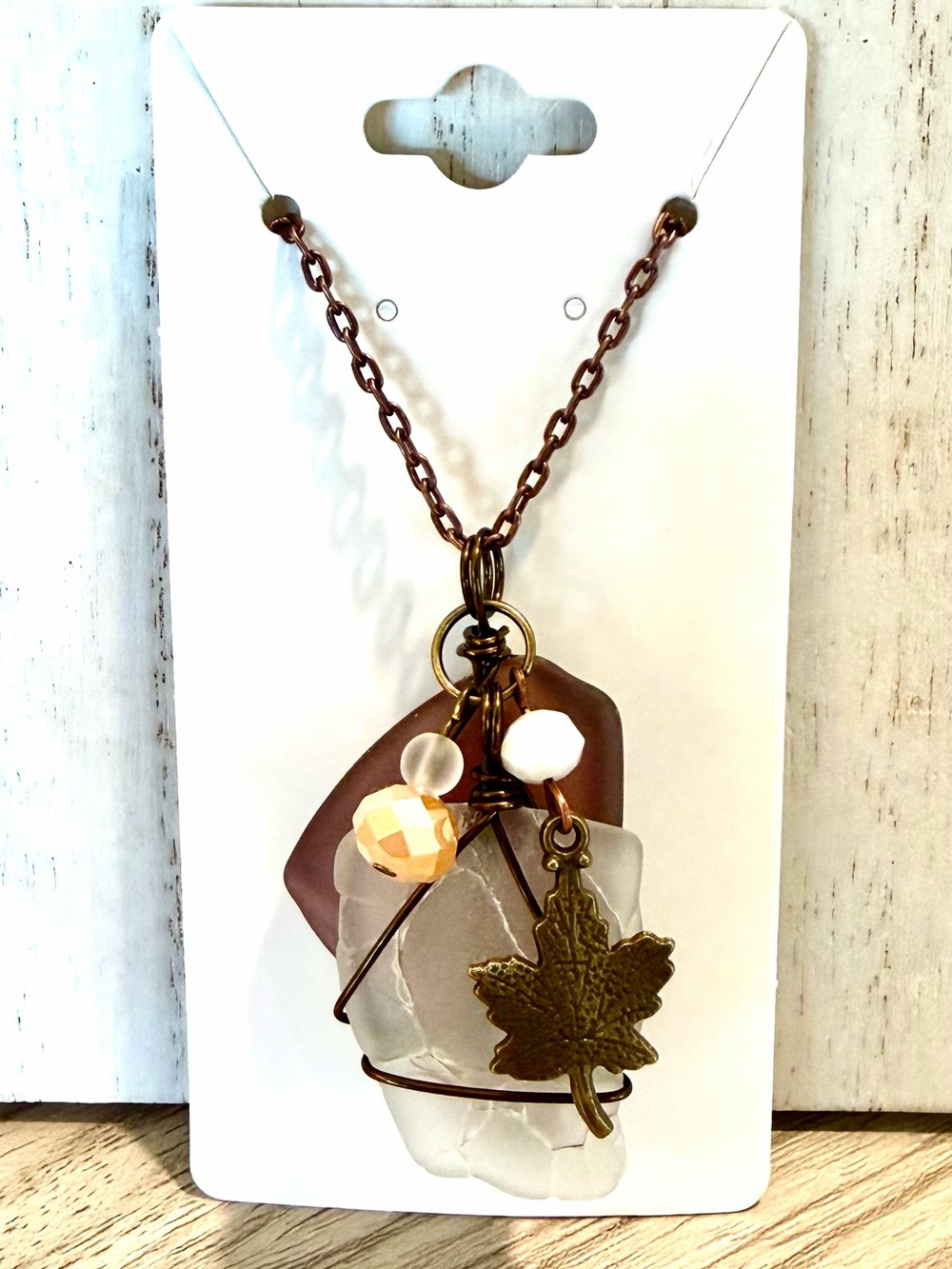 94. Handmade burgundy & White Sea Glass Necklace with Leaf Charm